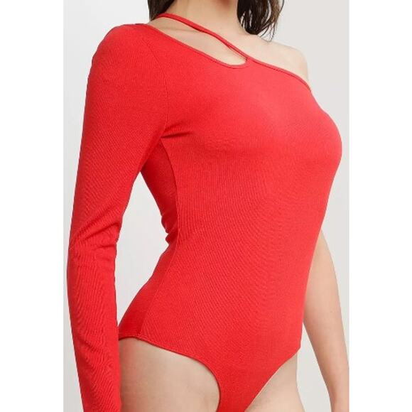 TOPSHOP Women Bodysuit Red XS (0-2) Ribbed Knit One Shoulder Asymmetric NWOT - Picture 1 of 8